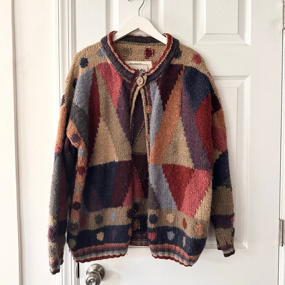 Romney Designs Nepal Multicolored Geometric Handspun Wool Button Cardigan Large
